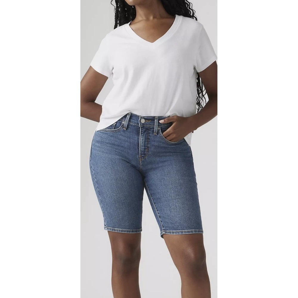 Levis Womens Shaping Bermuda Denim Shorts Size 29 W32 Blue Mid Rise Stretch